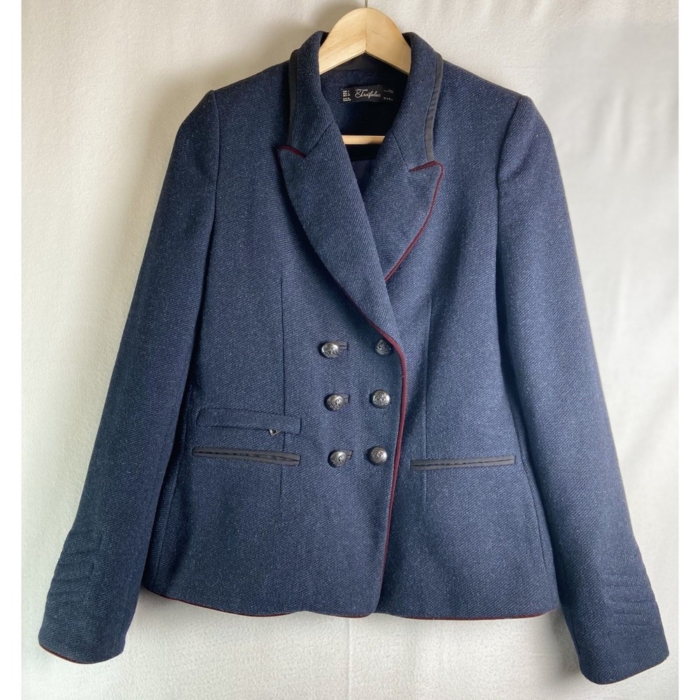 Zara Trafaluc Blazer Women's L Wool Blend Navy Military Riding jacket Coat TRF